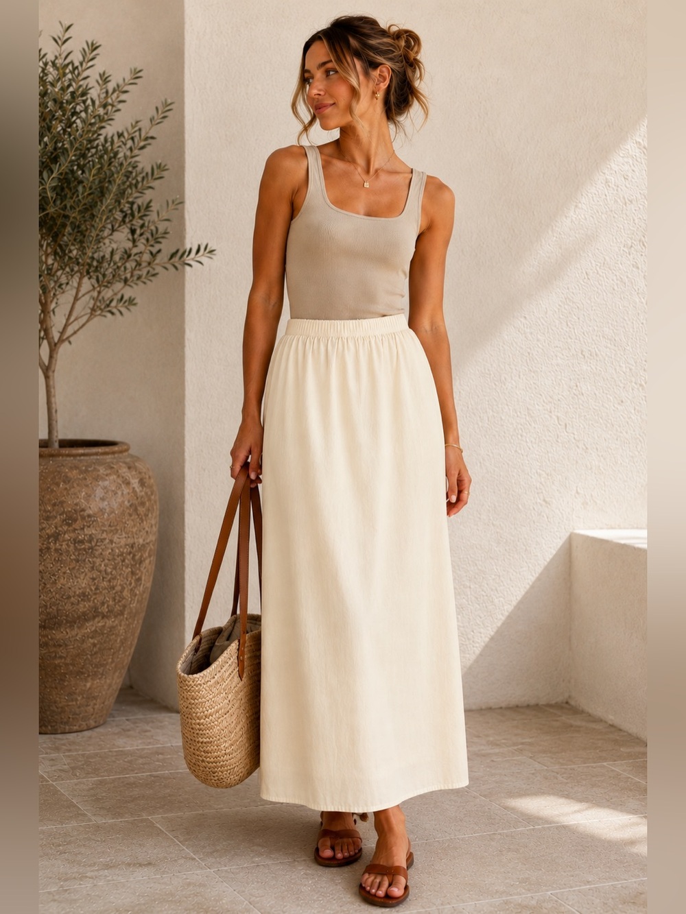 Max Studio London White Cotton Maxi Skirt Elastic Waist NWT M